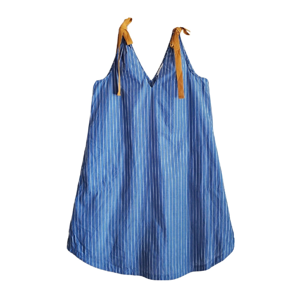 MATILDA JANE Women S / M Dress Sandy Seashell Blue White Striped Tie Straps 38"
